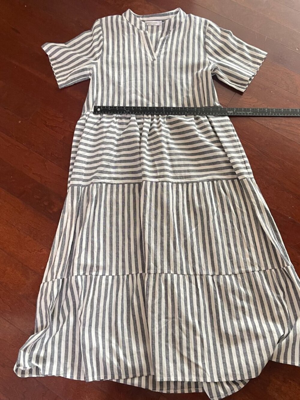 Lungo L’Arno Gray White Striped Tiered Midi Dress Size L Made in Italy - Picture 3 of 8